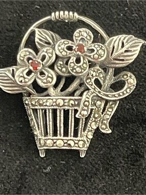 Vintage Sterling Silver stamped 925 Floral Basket Brooch with Red and Accents